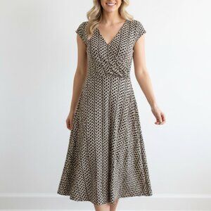 London Times Brown & White Jersey Knit Midi Dress – Size 8 – Stretch Wrap Style